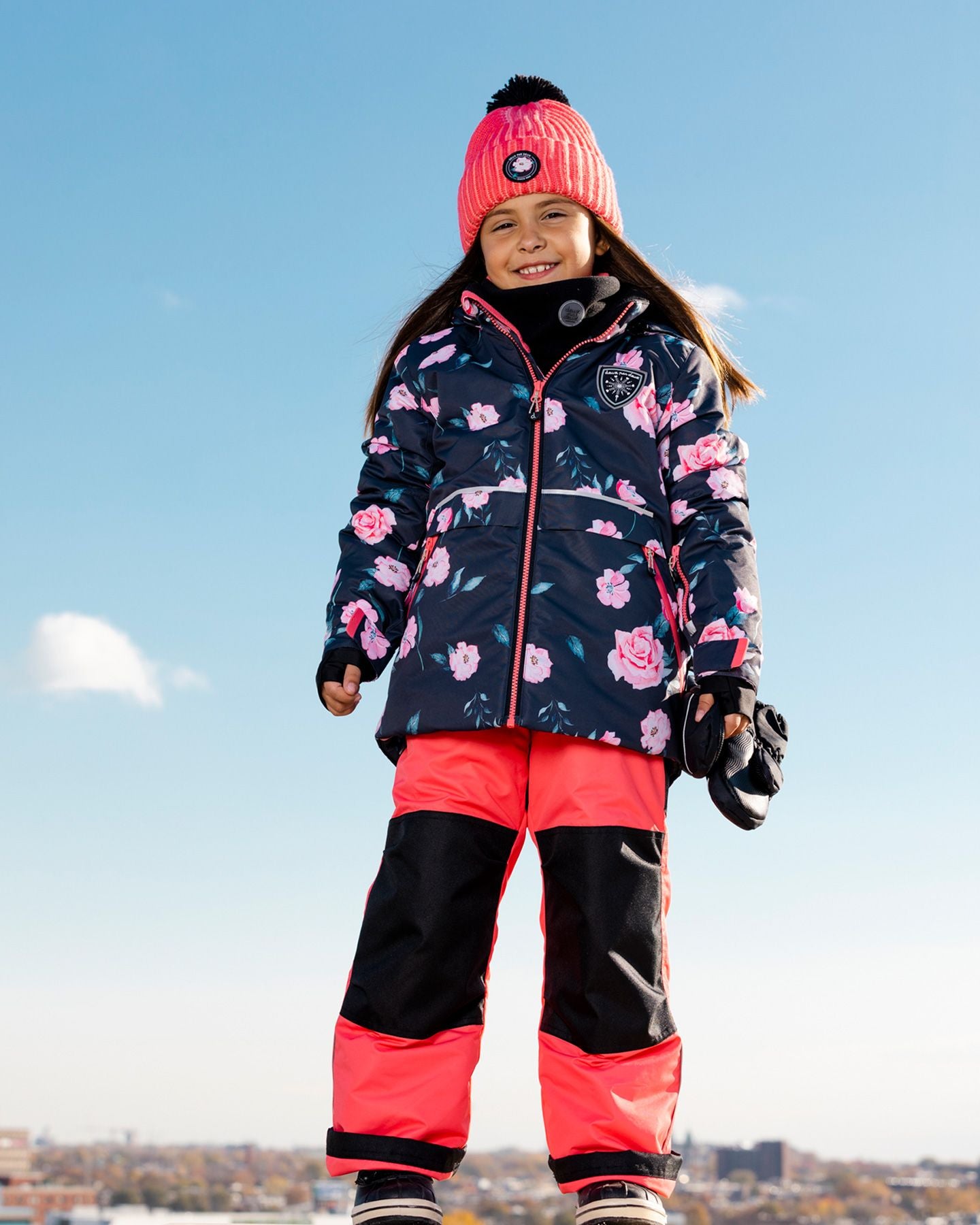 Habit de neige RECYCL deux-pièces corail et noir imprimé de fleurs F10C801