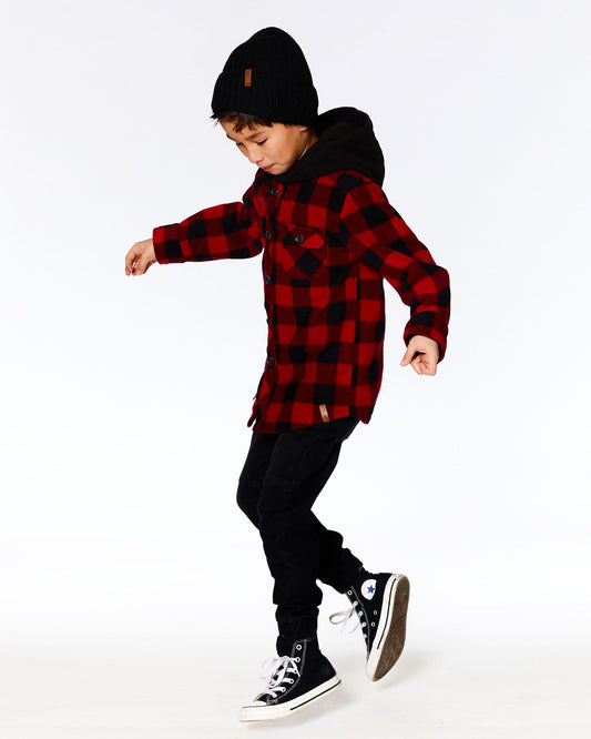 Boutique Petites Fleurs - Chemise à capuche en polar léger carreaux buffalo rouge et noir F20NB16 - Deux par Deux