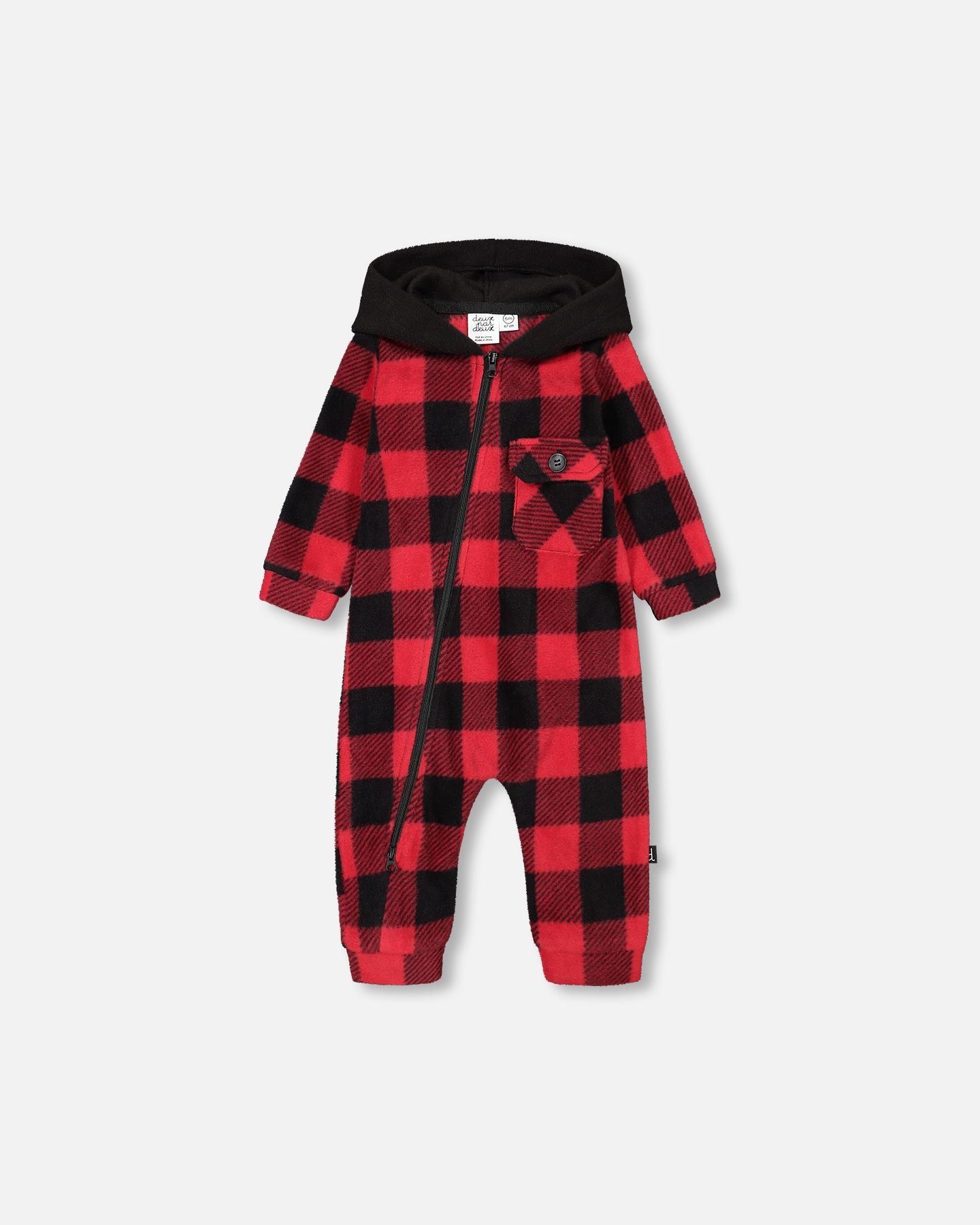 Boutique Petites Fleurs - Combinaison à capuche en polar léger carreaux buffalo rouge et noir F20NB40 - Deux par Deux