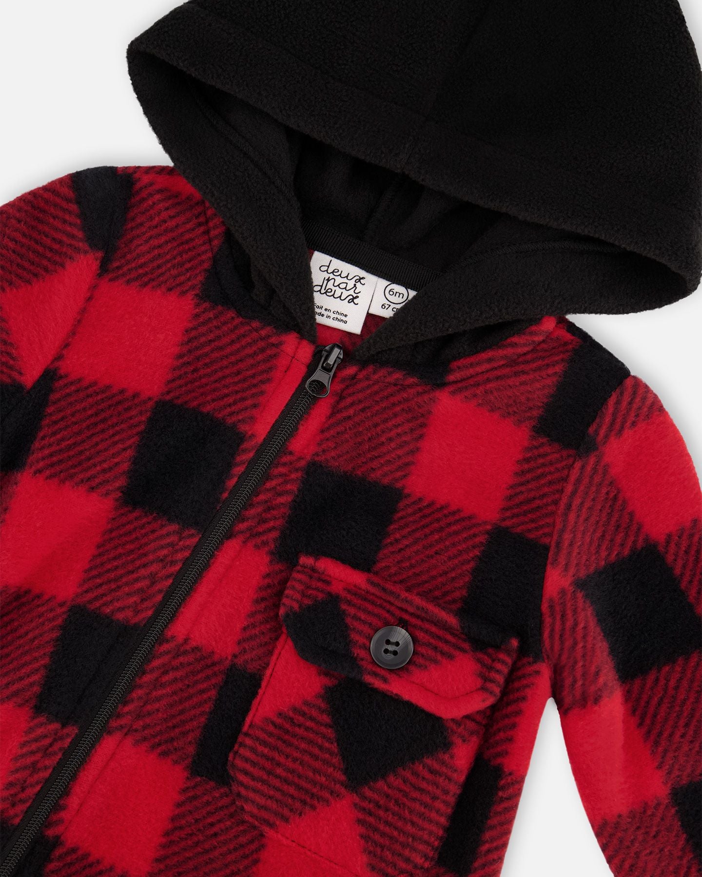 Boutique Petites Fleurs - Combinaison à capuche en polar léger carreaux buffalo rouge et noir F20NB40 - Deux par Deux