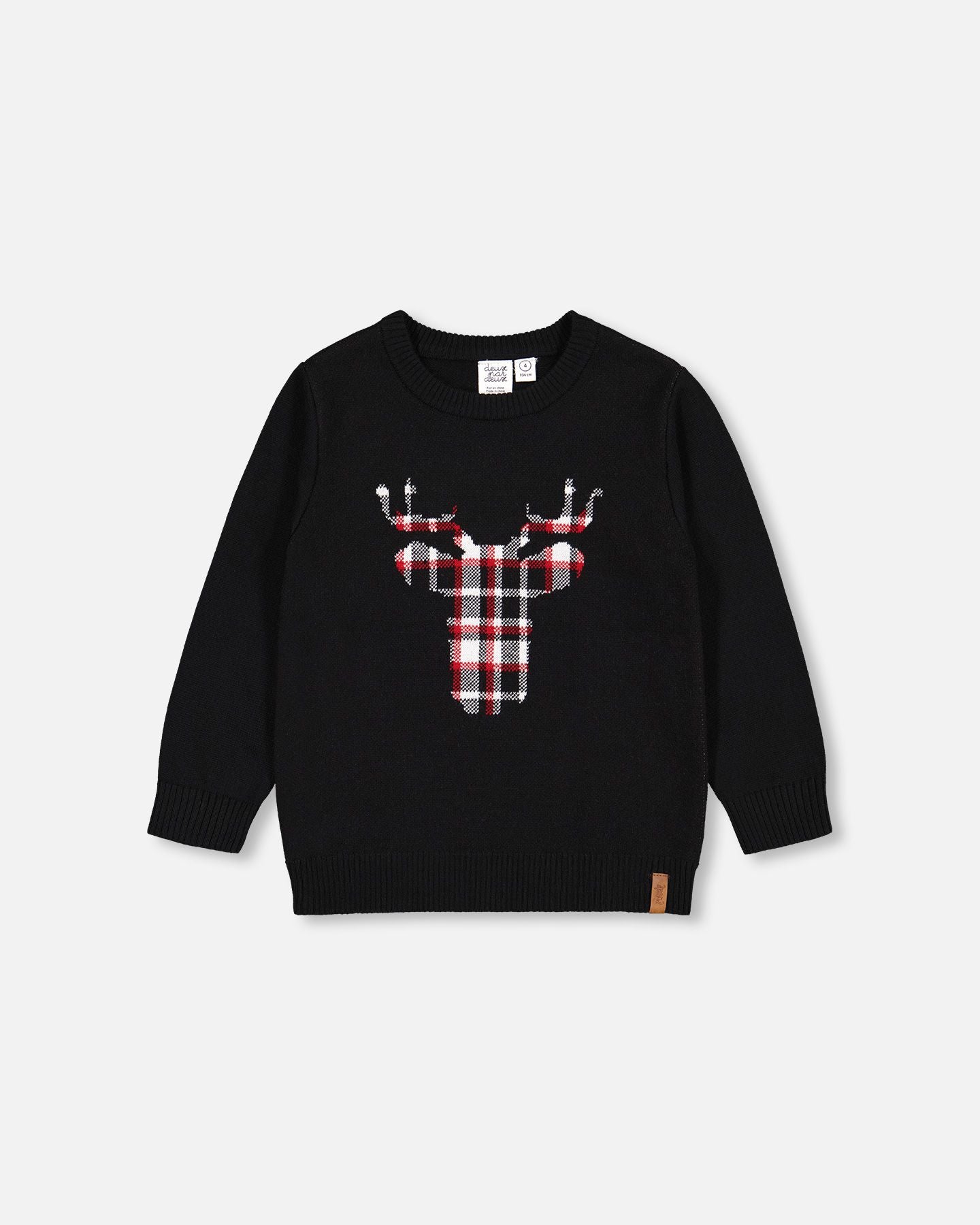 Boutique Petites Fleurs - Chandail noir en tricot décoré d'un cerf à carreaux F20NBT75 - Deux par Deux