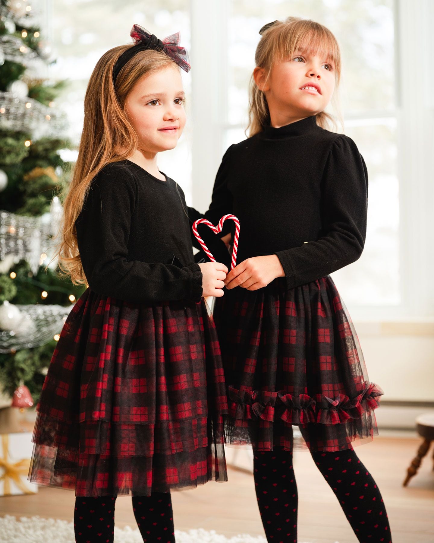 Boutique Petites Fleurs - Robe bi-matière à manches longues noir avec jupe en tulle carreaux F20NG90 - Deux par Deux