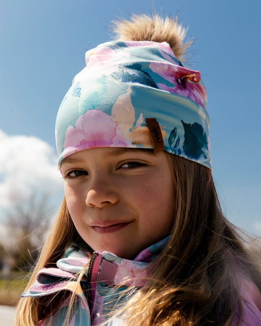 Tuque à pompon mi-saison turquoise à imprimé Roses F30W20