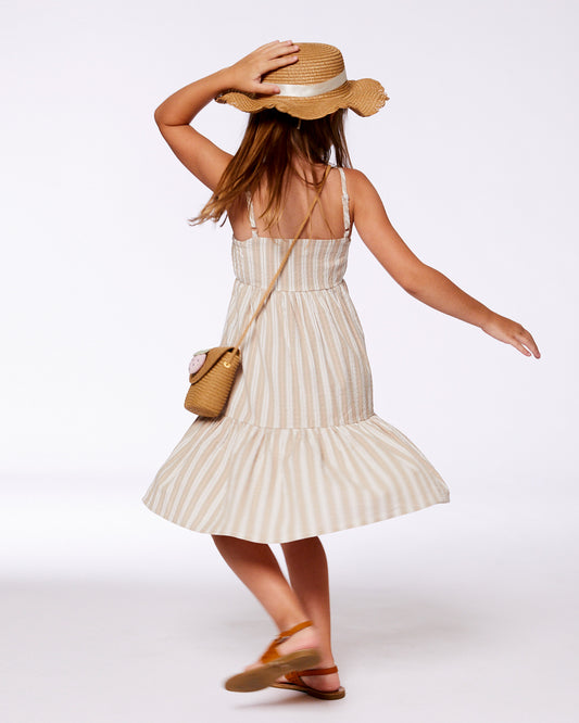 Robe sans manches en lin rayé blanc et sauge G30I86