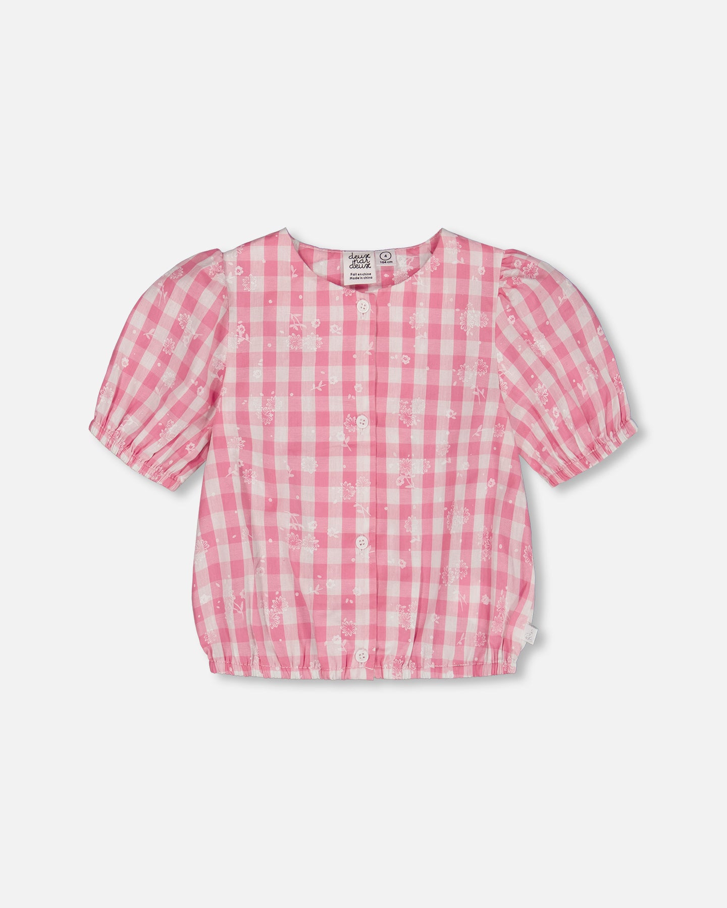 Haut à manches bouffantes à carreaux rose et blanc G30J15