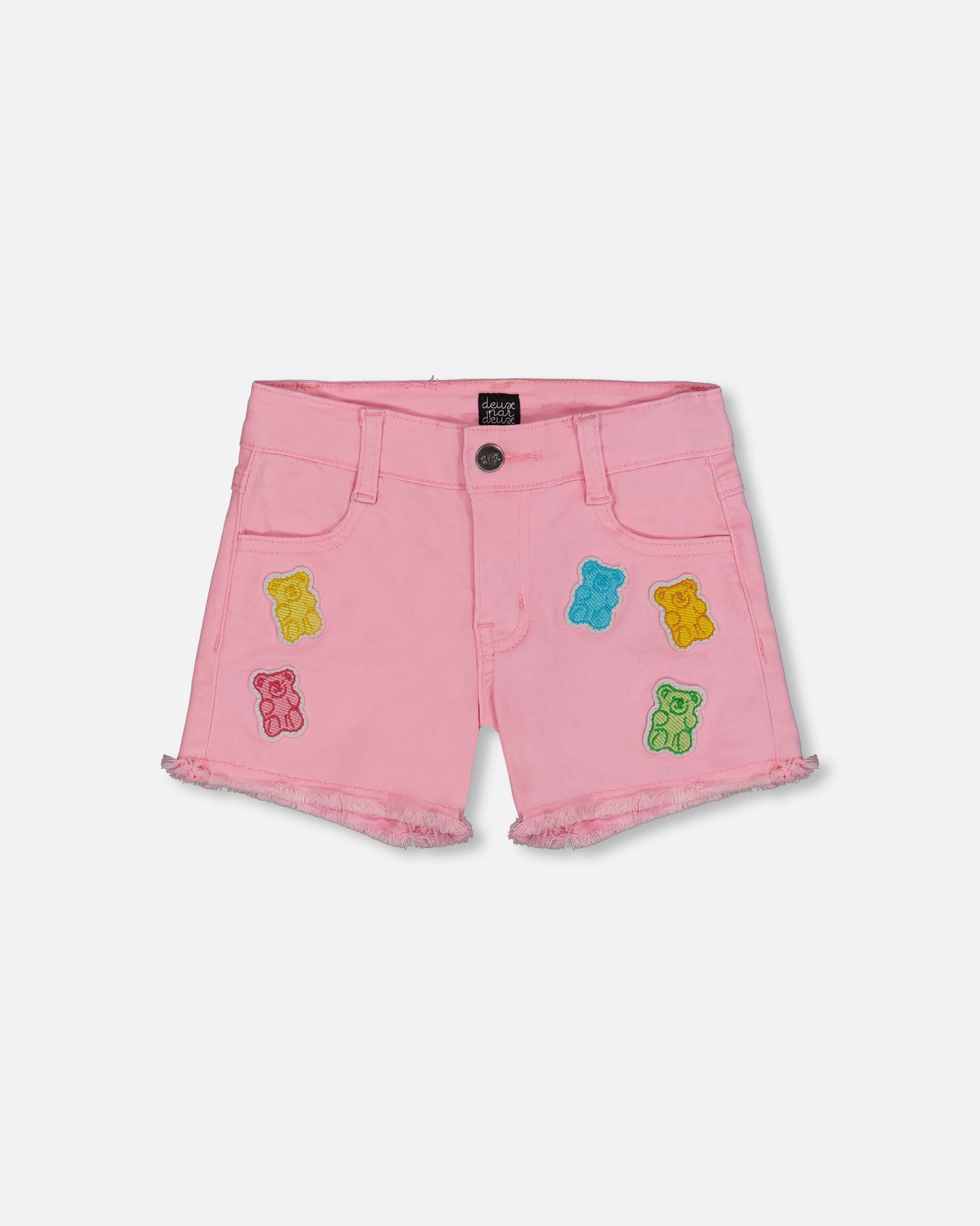 Short en denim rose avec broderies de jujubes multicolores G30K28
