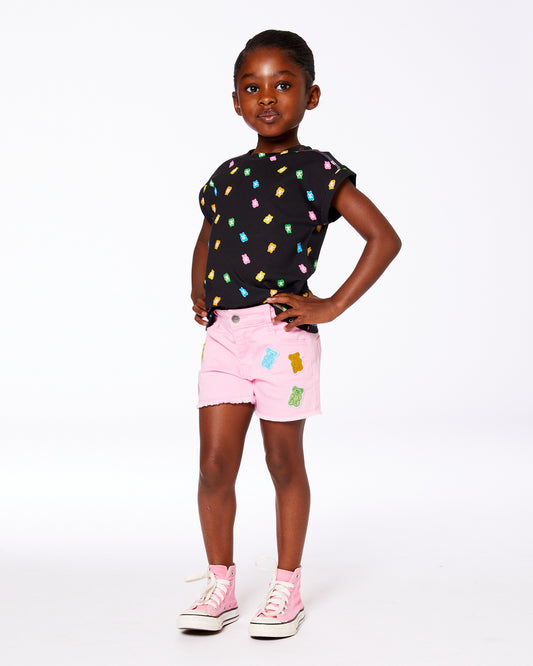 Short en denim rose avec broderies de jujubes multicolores G30K28