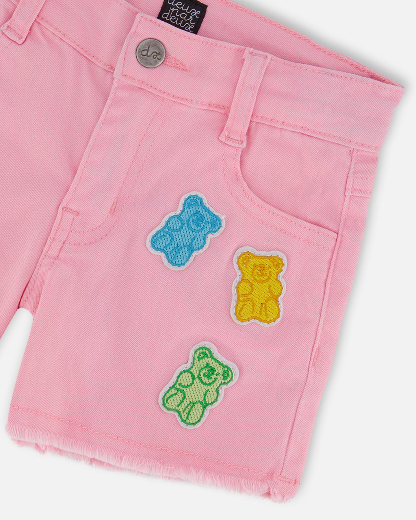 Short en denim rose avec broderies de jujubes multicolores G30K28