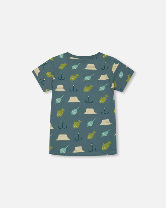 T-shirt imprimé sarcelle et pêche G30U72