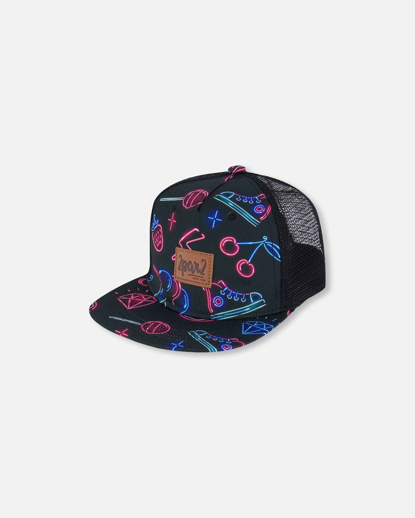 Casquette imprimée noire avec éléments bleus et roses G30VGC