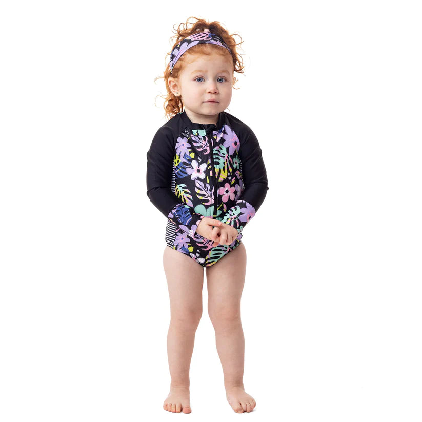 Maillot uv une pièce noir motif fleuris S24S02-05