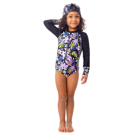 Maillot uv une pièce noir motif fleuris S24S02-05