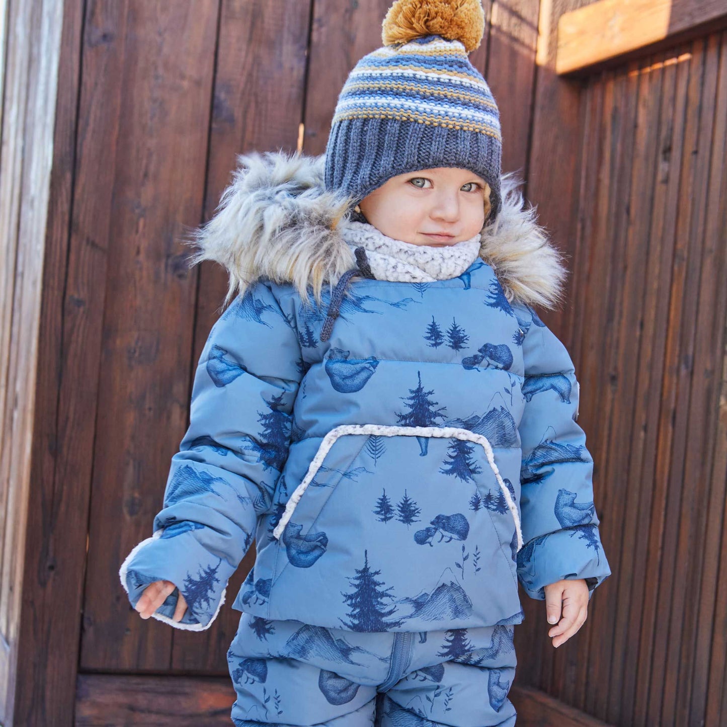 Habit de neige pour bébés une pièce bleu acier imprimé oursons yoga E10B701
