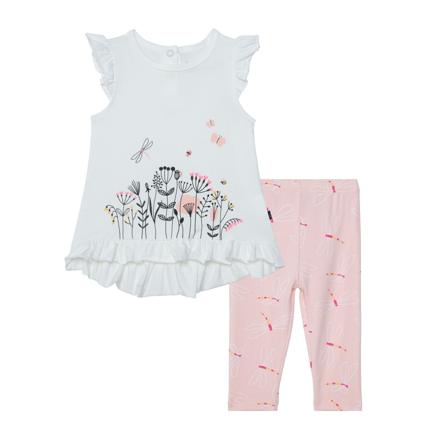 Ensemble haut blanc et legging rose avec imprimé de libellules en coton biologique E30B13