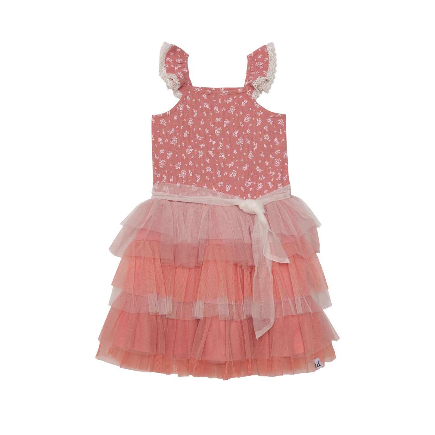 Robe sans manches rose cannelle avec imprimé de petites fleurs et multi-étages de tulle E30H93
