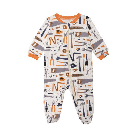 Pyjama une-pièce blanc cassé avec imprimé d'outils en coton biologique E30PA40