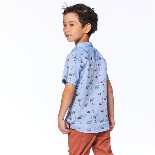 Boutique Petites Fleurs - Chemise bleue en coton avec imprimé de camions E30u16 - Deux par Deux