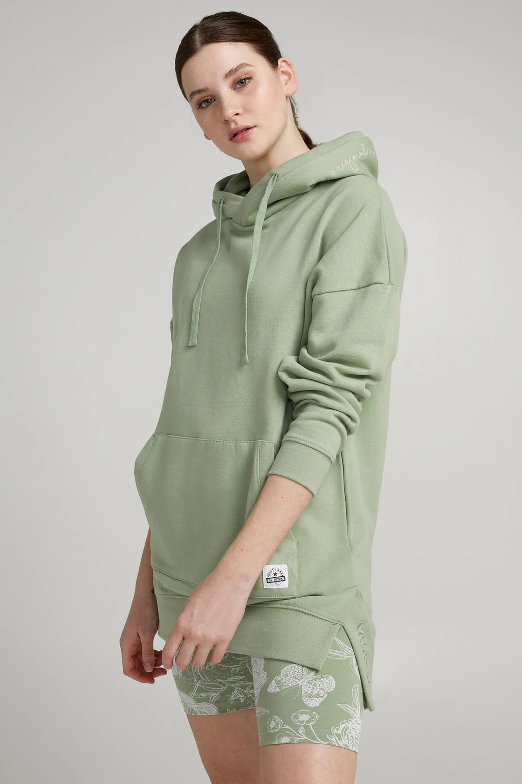 Hoodie long col croisé vert laurier