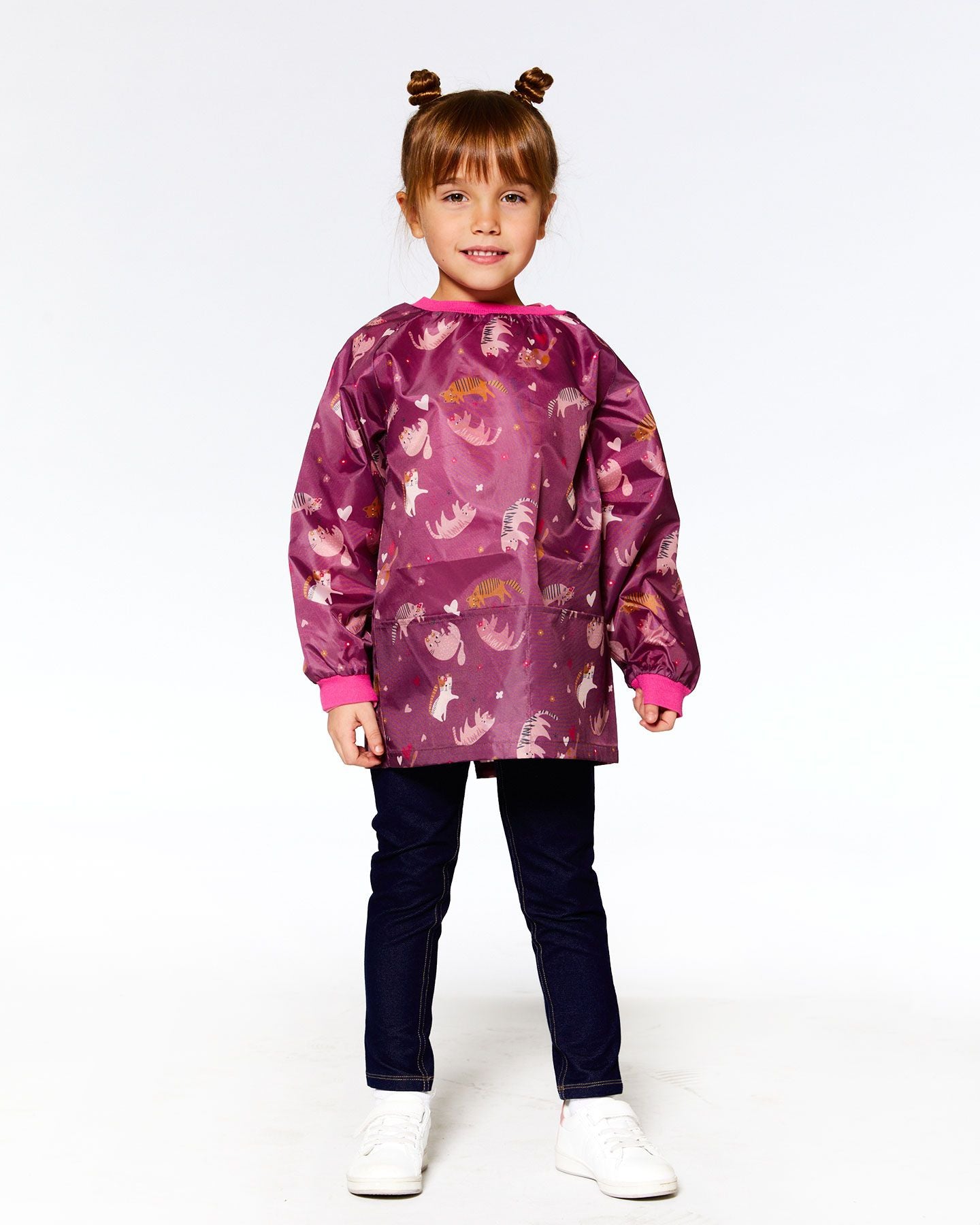 Boutique Petites Fleurs - Tablier d'école mauve imprimé de petits chats F20ZTA_018 - Deux par Deux