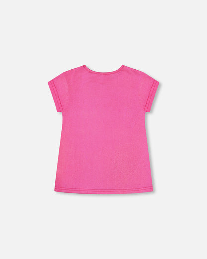 Boutique Petites Fleurs - T-shirt brillant côtelé rose fuchsia vive les copines F30L72 - Deux par Deux