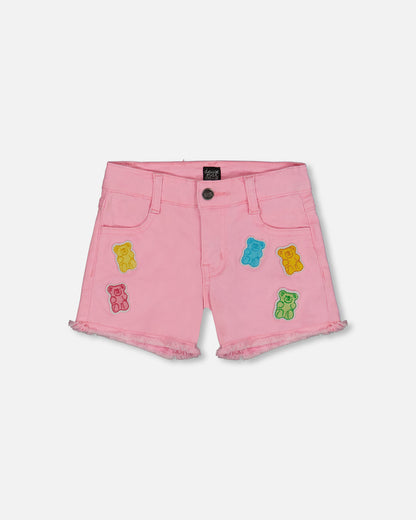 Short en denim rose avec broderies de jujubes multicolores G30K28 (à venir)