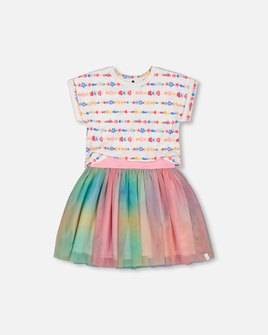 Robe bi-matière avec jupe en tulle tie-dye multicolore et blanc G30K86 (à venir)