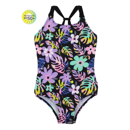 Maillot uv 1 pièce noir motif fleuris S24S02-04