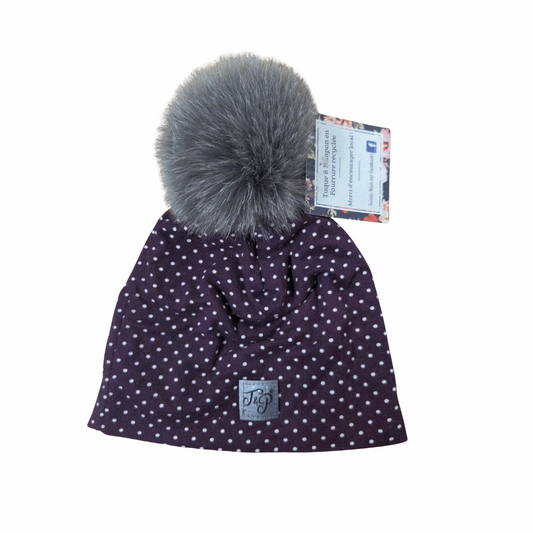 Tuque mauve pompon fourrure grise SMALL ( Fait environ 2-4 ans)