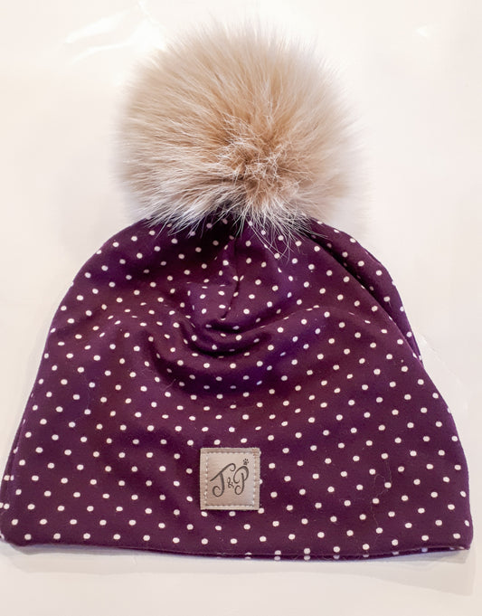 Tuque mauve fourrure crème caramel