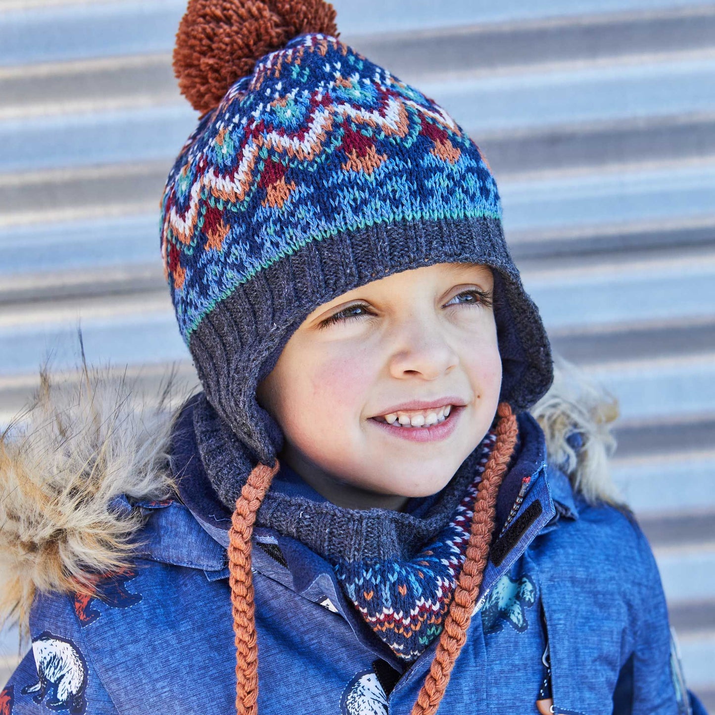 Chapeau en tricot Jacquard à oreilles gris bleu et brun E10ZL02