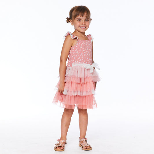 Robe sans manches rose cannelle avec imprimé de petites fleurs et multi-étages de tulle E30H93