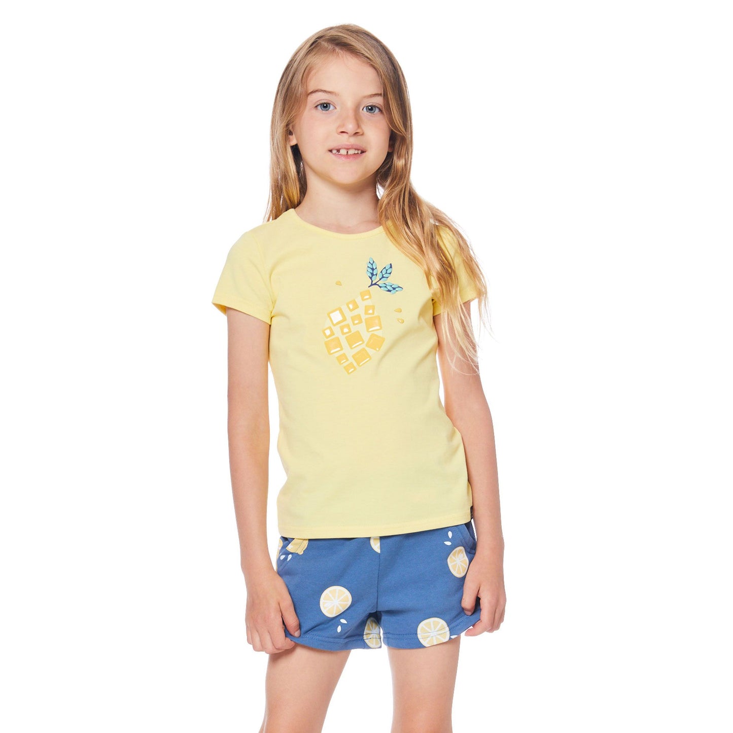 T-shirt à manches courtes jaune avec imprimé graphique en coton biologique E30I70