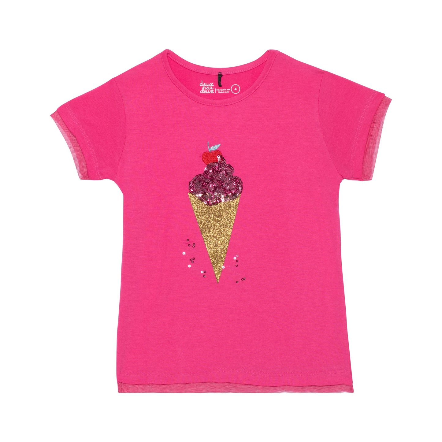 Boutique Petites Fleurs - T-shirt à manches courtes rose fuchsia avec graphique à paillettes E30J73 - Deux par Deux
