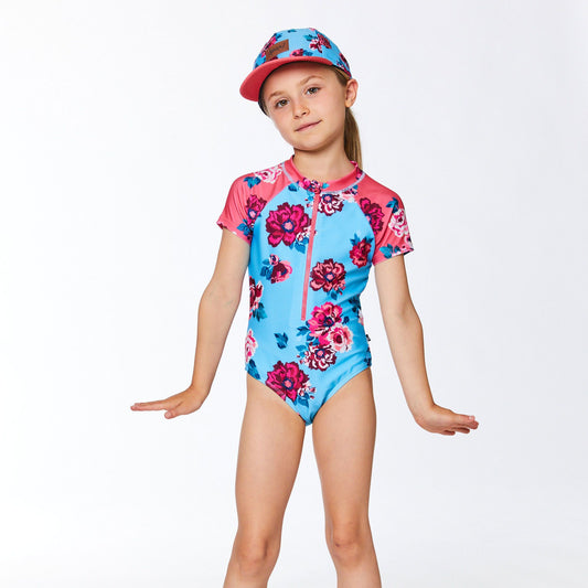 Boutique Petites Fleurs - Maillot Rashguard Deux par Deux une pièce rose et bleu imprimé de roses E30NG11