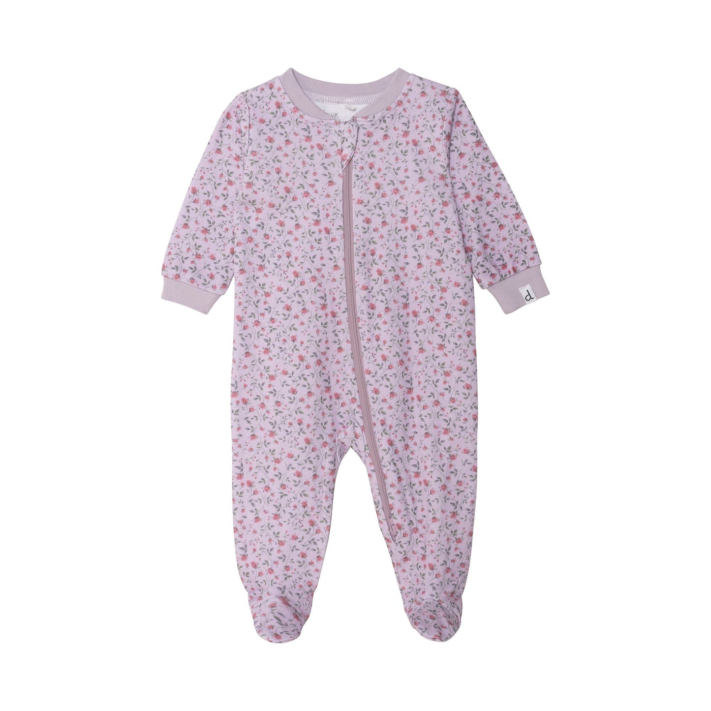 Pyjama une-pièce lilas avec imprimé de petites fleurs en coton biologique E30PA40