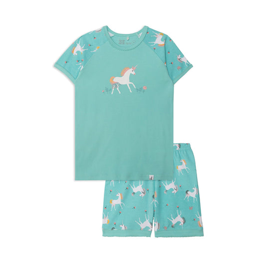 Ensemble pyjama court deux-pièces turquoise avec imprimé de licornes en coton biologique E30PG13