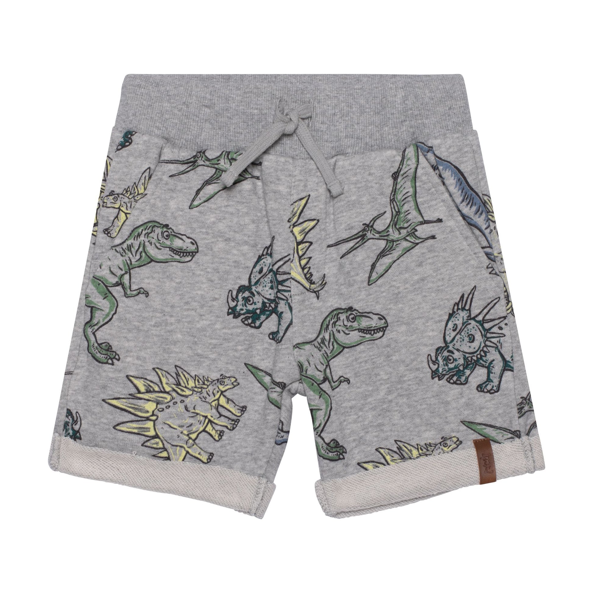 Boutique Petites Fleurs - Short en molleton français gris pâle chiné avec imprimé de dinosaures E30U25 - Deux par Deux