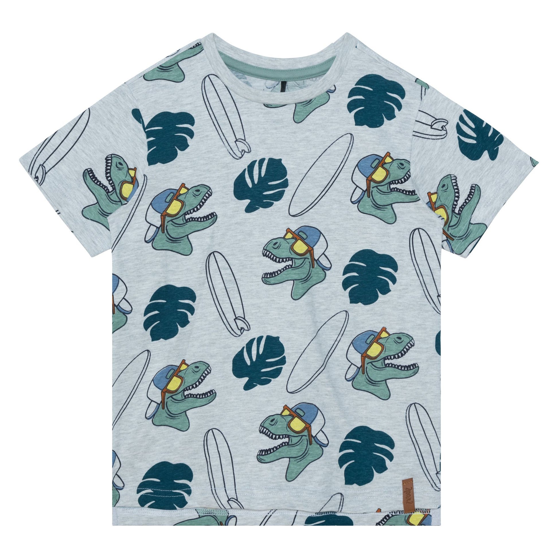 Boutique Petites Fleurs - T-shirt jersey de coton gris pâle chiné avec imprimé de dinosaures E30U73 - Deux par Deux